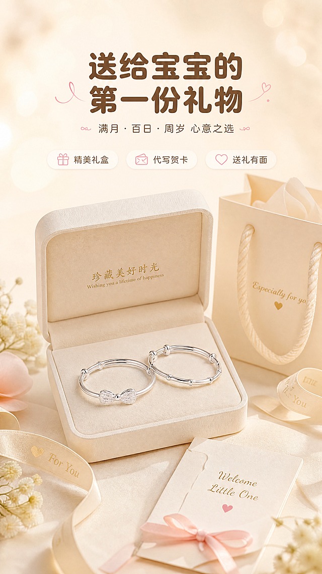 [商品] 使用【图7】两款宝宝银手镯一对装；保留蝴蝶结款与竹节款各自造型、成对包装、足银质感；产品置于精美礼盒中，不改变产品结构与材质。
[画面] 第10张·礼赠场景，目标：强化满月/百日/周岁礼赠属性，提升产品价值感与送礼仪式感。构图：打开的奶白色精美礼盒居中，盒内铺奶白丝绒，一对银镯静静摆放，旁边有贺卡、丝带、小花朵、手提袋等礼赠元素；背景为奶油米色渐变+暖光斑；上方留白放标题；产品占画面45%，礼盒+礼赠元素占画面70%；阅读动线从上到下感受开箱仪式感。
[视觉] 套系策略：风格=奶油风温馨治愈母婴珠宝商业摄影；标题字=圆润粗黑体；正文字=圆角无衬线体；主色=奶杏米白；背景延展=基于奶杏米白做深浅层级、同色渐变、柔焦光斑与纱质肌理；强调色=柔粉金，仅用于小面积图标、引线、标签点缀；标题色=暖棕咖；正文色=浅棕灰；组件=圆角奶白底信息卡、细曲线引线、圆点装饰；光影=左前侧暖柔光，柔和漫反射，阴影轻透。
[文字] 顶部主标题"送给宝宝的第一份礼物"，副标题"满月·百日·周岁 心意之选"，下方3个礼赠标签：精美礼盒、代写贺卡、送礼有面；文字位于画面上半部分，不遮挡礼盒与银镯主体。
[规格] 图片比例9:16竖版，4K，负向：变形、错字、文字过小、冷蓝背景、产品变色、虚假买赠、绝对化用词、平台Logo。