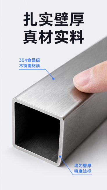 [第7屏] 材质细节微距展示-佛山304不锈钢管材质细节展示。
[氛围/风格] 微距特写展示，突出材质质感，专业细节风格，干净聚焦。
[元素布局] 画面主体为不锈钢方管管口和管壁的微距特写，保留原图方预览效果
