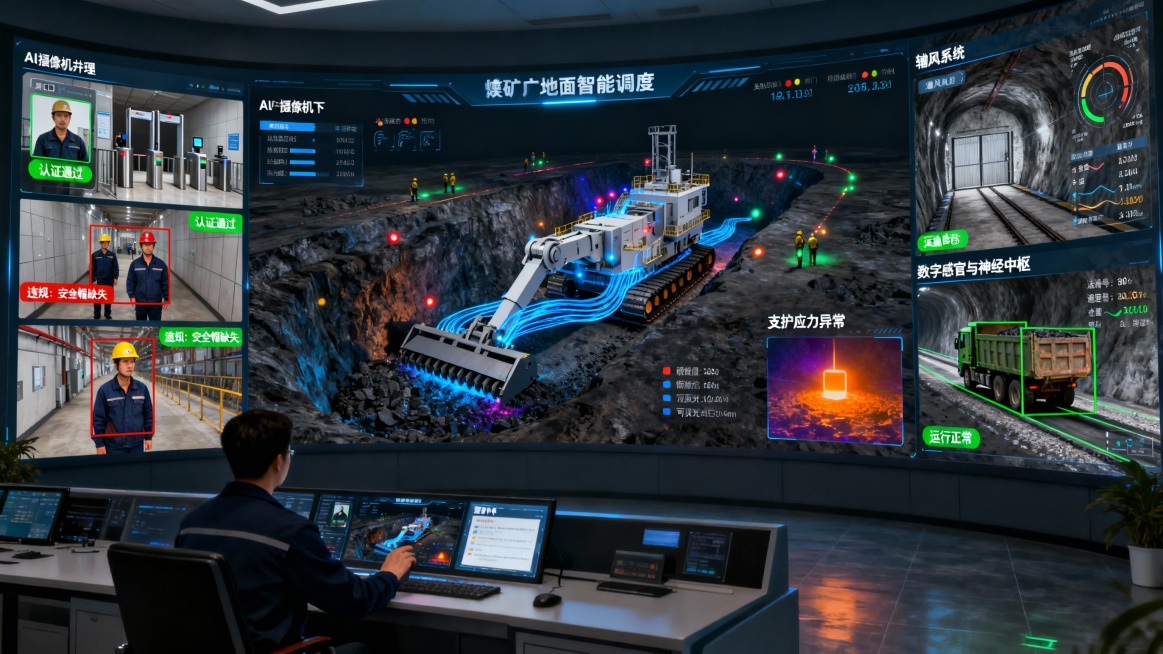 画面呈现现代化煤矿地面智能调度中心内部场景。巨大的弧形监控墙作为视觉核心，屏幕被划分为多个功能区域，分别实时展示AI摄像机在井下各关键环节的监控画面。

中央主屏幕以三维数字孪生模型形式展现矿井立体结预览效果