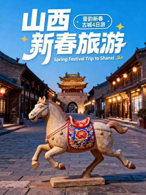 一匹 3D 卡通陶俑马形象，在青石板街巷上狂奔；马背搭着晋绣风格的织锦鞍垫，绣满红、金、蓝交织的缠枝牡丹纹样；背景是山西平遥古城的明清建筑群，傍晚澄澈的蓝天，整座古城灯火通明；画面上方是白色潮流派对风预览效果