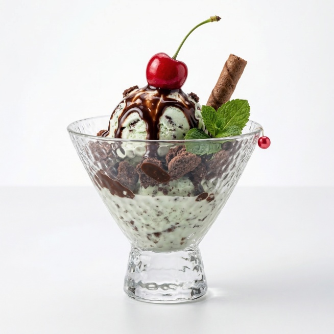 保留图中原有的锤纹玻璃甜品杯，生成1:1比例沉浸式甜品展示场景：背景为纯净白色平面，标准产品摄影布光，无多余杂物，光线明亮柔和，顶光加侧光勾勒甜品光泽和立体感；玻璃杯位于画面中心，杯内盛放薄荷巧克力冰预览效果