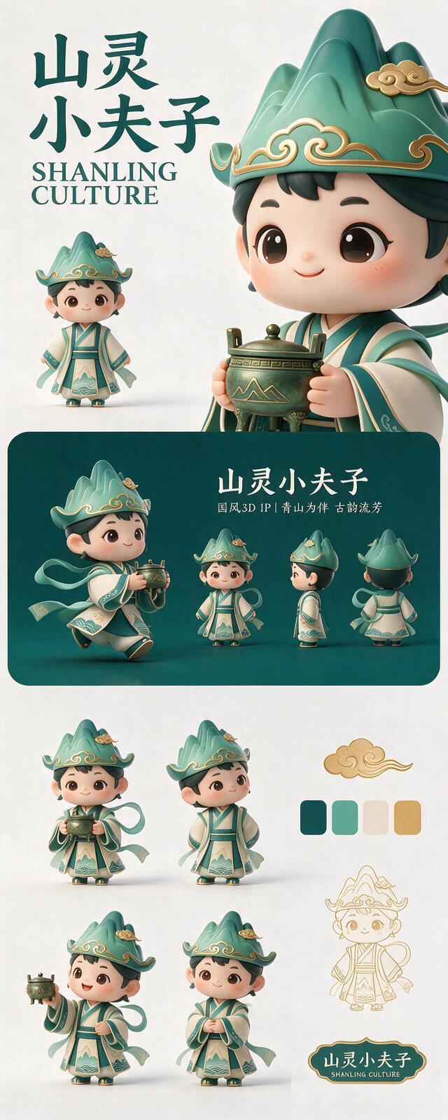 以参考图中的 3D 国风青山小男孩为角色模板（青山造型帽子、青… - 图片创意预览