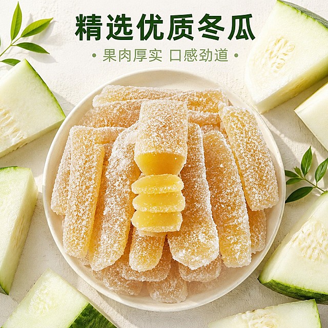 [主图-2] 冬瓜蜜饯原料展示核心亮点图。
[氛围风格] 自然真实，突出优质原料优势，建立信任。
[画质] 商业摄影质感，光线柔和通透，产品清晰真实，画面干净高级。
[元素] 保持冬瓜蜜饯产品外观、物理结构、材质质感、颜色与输入产品图绝对一致，杜绝任何变形和色差，精细化处理。主体完成的冬瓜蜜饯摆放在中心，周围搭配新鲜切块的优质冬瓜原料，构成产品与原料对照展示，商品主体占比约65%，画面干净不杂乱。
[光影] 自然散射暖阳，整体光线均匀柔和，清晰展示原料和产品的细节纹理，突出原料新鲜度。
[配色] 清新自然绿色搭配冬瓜浅黄与蜜饯金黄，和谐舒适。
[视角构图] 俯视平面构图，整体布局均衡清晰。
[文字版式] 顶部居中，大字写"精选优质冬瓜"，深绿色粗体，下方分点标注每一个原料优势："果肉厚实 口感劲道"，细字浅绿色，全部文字不遮挡主体，干净排版。
[比例分辨率] 1:1比例，4K分辨率，文字清晰锐利，超高清画质。
[负向提示词] 变形，水印，文字错乱，产品图模糊，背景杂乱，文字遮挡主体