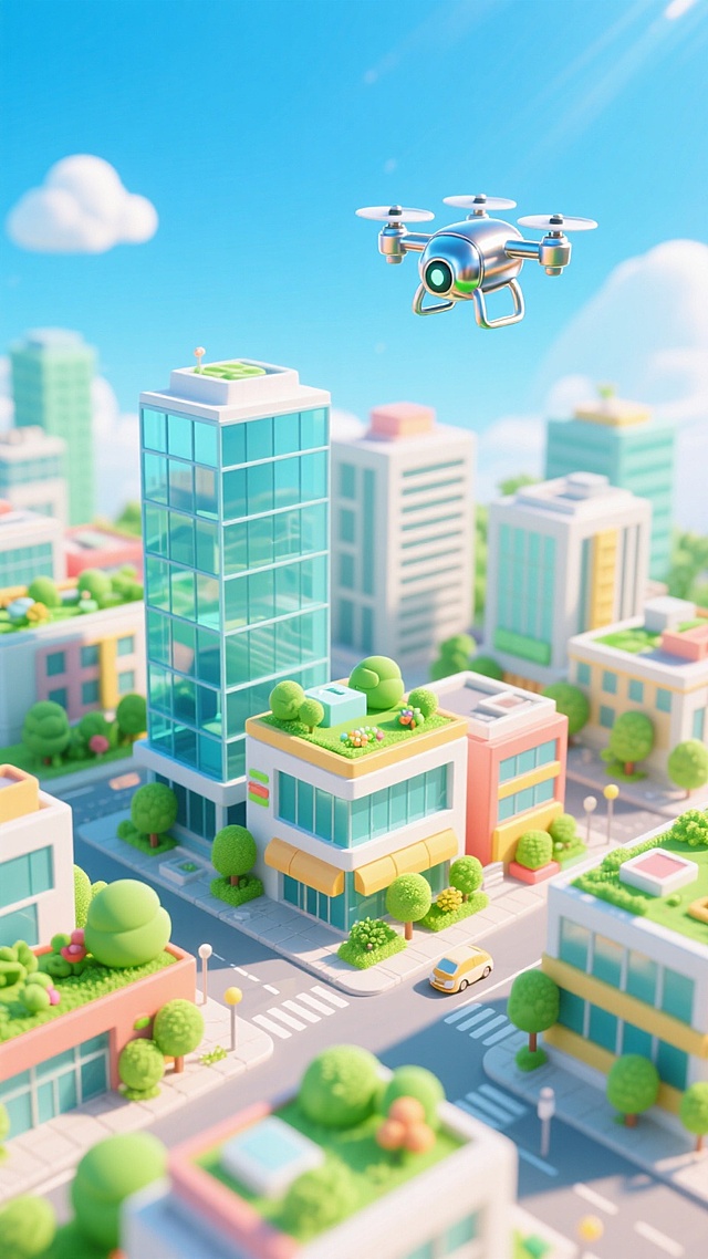 智慧城市，绿色生态，空中有无人机，阳光灿烂，明亮的氛围