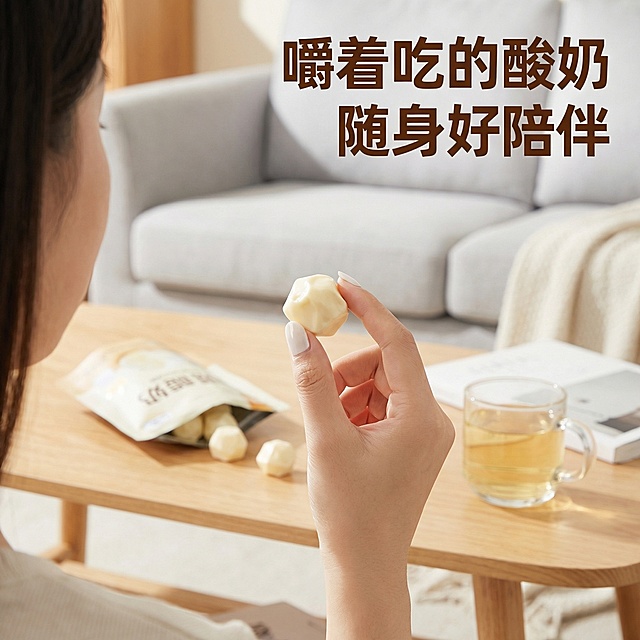 [主图 4] 鲜酸奶疙瘩食用场景展示，强化代入感
[氛围/风格] 生活化休闲氛围，真实自然，有吸引力
[画面元素] 保持产品外形与原图一致，一只手（年轻女生，干净浅色指甲）捏着一颗鲜酸奶疙瘩，呈现拿起即吃的动态瞬间，背景是干净客厅桌面，放着半袋打开的产品和一杯清茶，自然慵懒的休闲下午茶场景
[配色色系] 主色调：奶白色产品、浅木色桌面；辅助色：浅灰色沙发背景，整体柔和温暖
[视角构图] 第一人称平视抓拍视角，动态自然，景深适中
[文字版式] 右上角悬浮标题 "嚼着吃的酸奶 随身好陪伴"，深棕色粗体，文字不遮挡主体产品，干净易读
[比例分辨率] 1:1 比例，2k 分辨率。保留产品外观与原图一致，保持简约风格突出食用场景