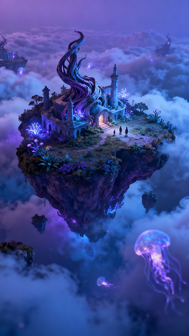 梦幻悬浮岛，霓虹光影交织，3D超现实风格，粒子流动与神秘建筑共生，营造唯美感与虚拟现实氛围。