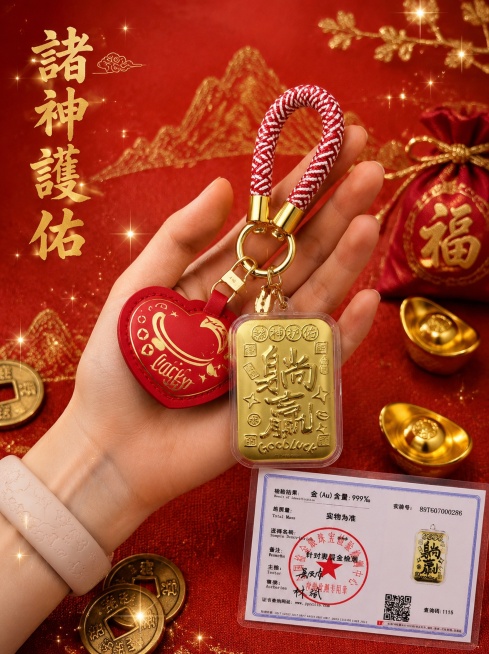 [主图-3] 躺赢招财钥匙扣背视图，国潮民俗混搭风格，和前两张风格差异化。
[氛围风格] 整体展示风，热闹喜庆招财氛围感，带星光闪效。
[画质] 高清实拍，质感通透，整体清晰，商业级产出。
[元素]预览效果