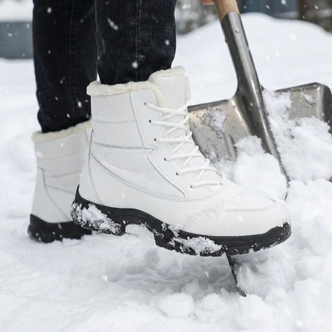 男子手持铁锹在雪地中铲雪，鞋子上带一点积雪
镜头特写鞋子预览效果