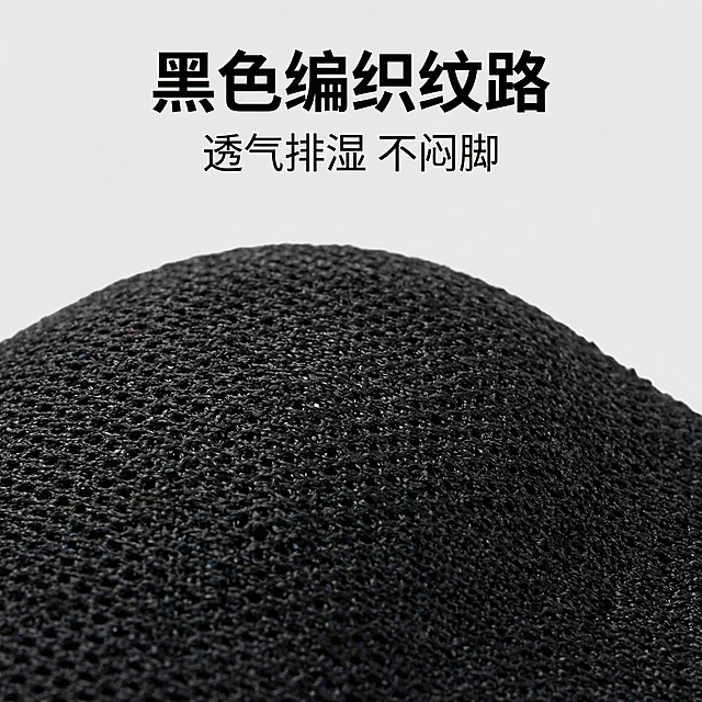 [主图 2] 编织纹理细节展示图
[氛围/风格] 拼多多电商清晰质感风格，微距特写，均匀棚拍光线
[画面元素] 对参考图中黑色SEHMIA鞋垫的表面编织纹路进行微距特写，保留原产品黑色编织纹理细节，背景浅灰色干净简洁，特写展示纹理气孔，体现透气特性，整体画面无边框满铺
[配色色系] 主色调：纯黑（产品纹理），辅助色：浅灰背景
[视角构图] 近距离平视特写，焦点对准编织纹理，纹理清晰锐利
[文字版式] 顶部标题“黑色编织纹路”粗体黑色，下方卖点文案“透气排湿 不闷脚”细体黑色，文字居顶放置不遮挡核心纹理区域