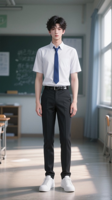 【江逾白-全身肖像】韩系动漫风格，高中男生，校草形象，年龄17-18岁，身高185cm，身材修长挺拔比例完美，站立姿势正面看向镜头，双手自然下垂贴在身体两侧，双脚并拢，无表情，面容精致立体，五官深邃有预览效果