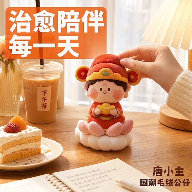 [主图-4] 唐小主唐小宴毛绒玩偶真实场景图，下午茶书桌陪伴场景。
[统一基调] 抖音1:1国潮治愈风，暖色调温馨场景，主色暖橙+米白+木色，标题字色暖橙棕，辅助字色深棕，粗黑体国潮字体。
[画面] 温馨下午茶书桌场景，浅木桌面上摆放着唐小宴毛绒玩偶坐在云朵座上，旁边有一杯奶茶、一块小蛋糕、一本翻开的笔记本，背景是白色纱帘透进暖光。一只年轻女生的手（自然肤色，指甲干净）轻轻捏着玩偶的小帽子，展示把玩互动感。整体暖光氛围，治愈温馨。
[光影质感] 自然光+暖台灯光混合光影，柔和暖调，毛绒材质在暖光下更显柔软蓬松，桌面有自然投影，场景真实有生活感。
[配色] 暖木色+暖橙+米白，整体暖色调温馨治愈。
[文字版式] 画面上方半透明橙底白字标题"治愈陪伴 每一天"，右下角小字"唐小主 国潮毛绒公仔"，文字放在负空间不遮挡主体。
[输出要求] 1:1正方形，2048x2048，场景真实自然，产品清晰，文字无错字，无水印无平台Logo，手部正常无畸形。