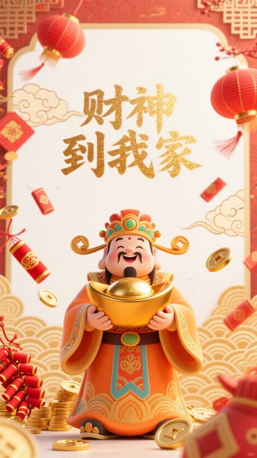 一位橘黄色的财神，双手抱着一个大元宝，周围有金币等春节的装饰品，喜庆气氛，精致的细节，完美画质，空白处写着烫金文字“财神到我家”预览效果
