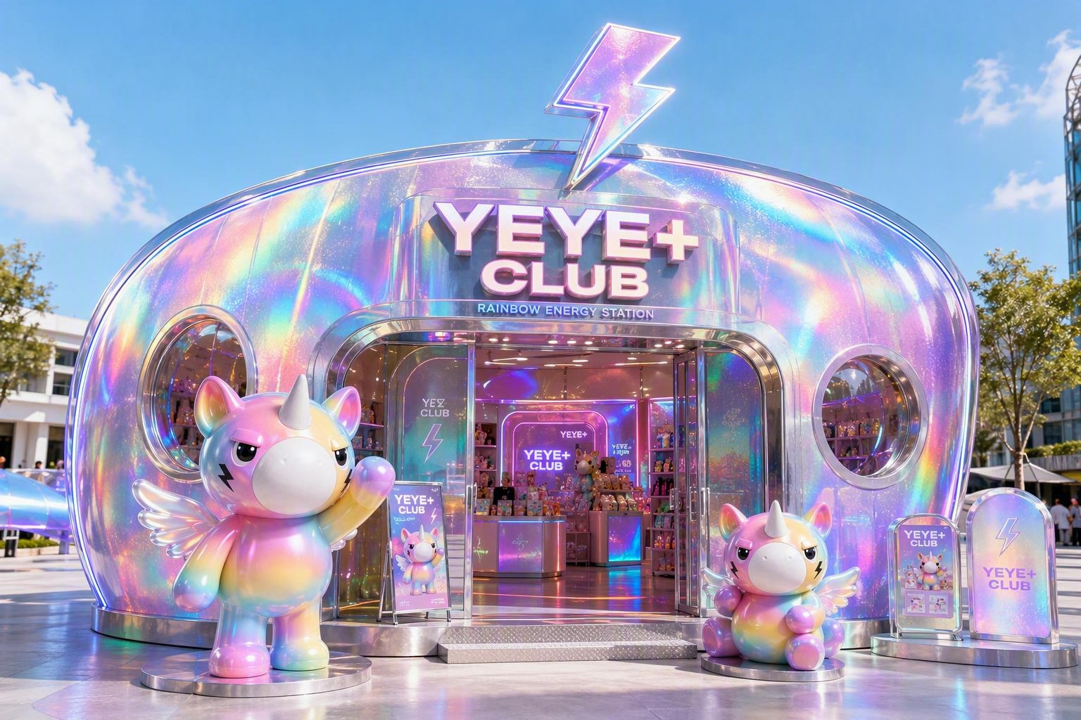 参考图中的YEYE+独角兽潮玩IP形象，设计一款小型户外快闪店… - 图片创意预览