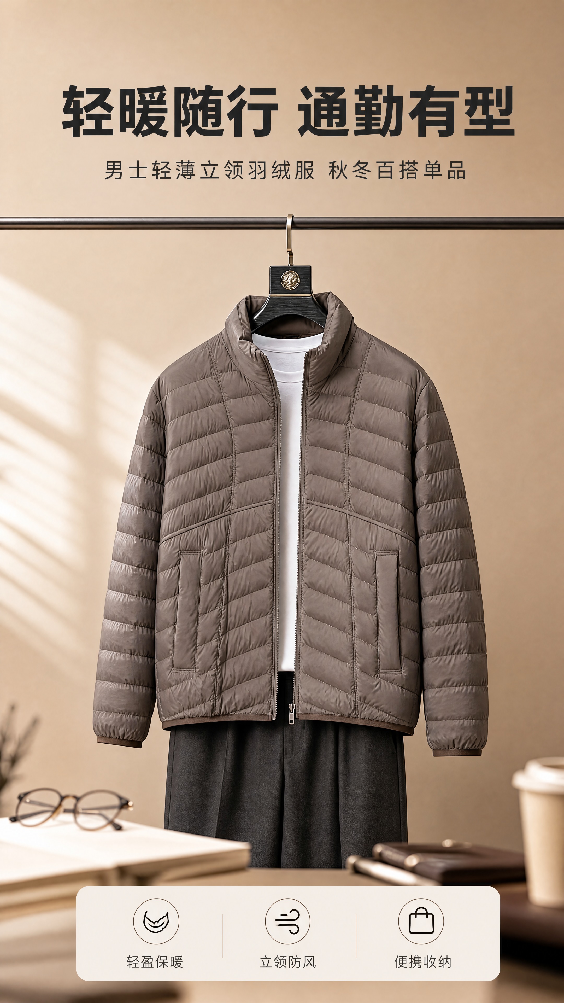 [商品] 使用【图1】咖色男士轻薄立领羽绒服；商品处理：保留立… - 图片创意预览