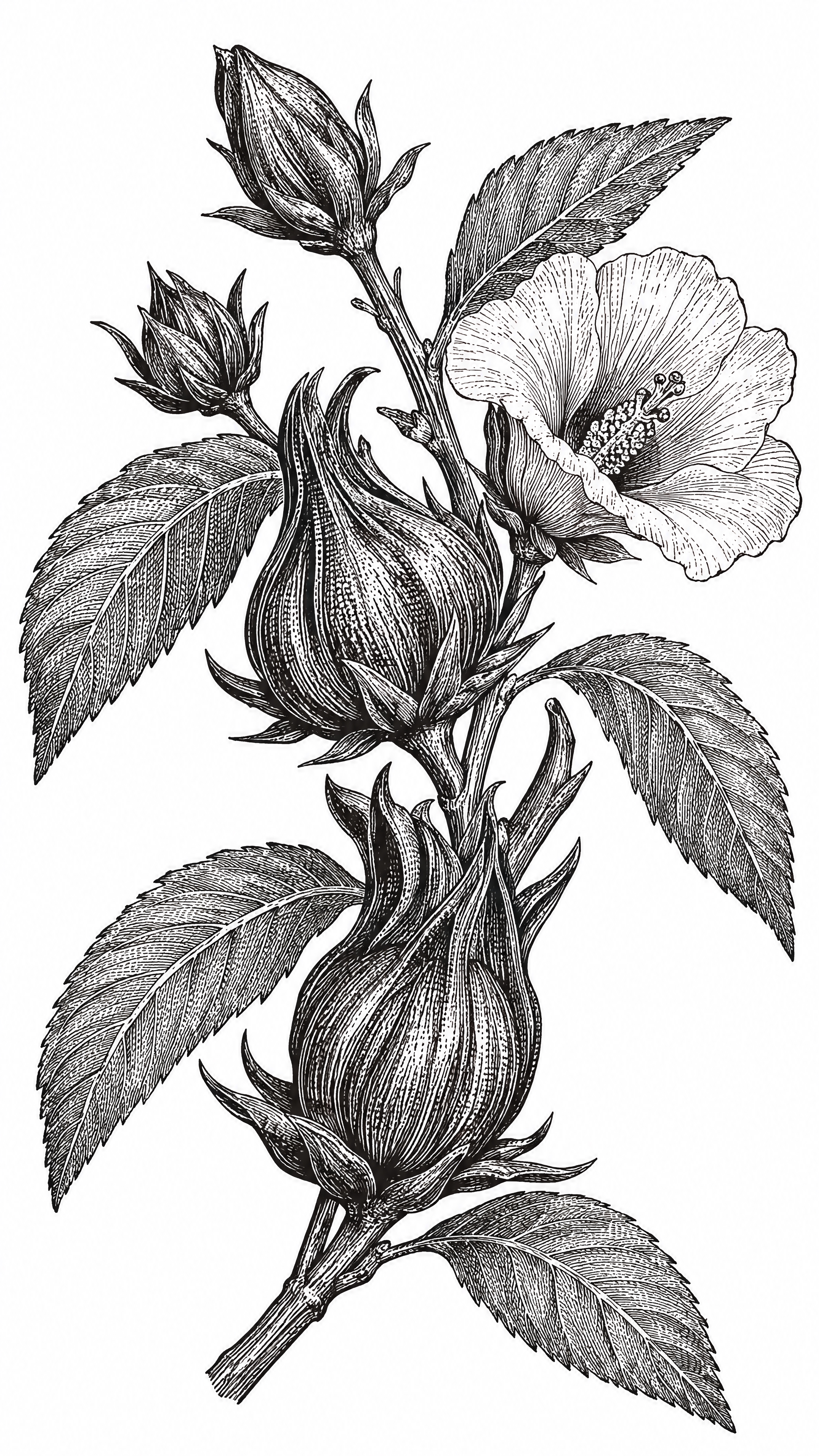 参考图的双色调铜版雕刻版画质感与植检插画构图，生成一张洛神花（… - 图片创意预览