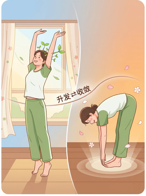 简洁明快的扁平风格插画，画面采用分镜形式展示春分养生拉伸动作。左侧画面：一位穿着舒适居家服的年轻女性站在洒满春光的窗前，双手用力向上高举过头，掌心相对，全身向上伸展，脚尖微微踮起，身体线条拉伸得笔直修预览效果