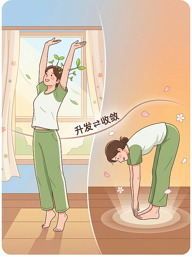 简洁明快的扁平风格插画，画面采用分镜形式展示春分养生拉伸动作。左侧画面：一位穿着舒适居家服的年轻女性站在洒满春光的窗前，双手用力向上高举过头，掌心相对，全身向上伸展，脚尖微微踮起，身体线条拉伸得笔直修长，头顶冒出嫩绿的新芽向上生长，象征肝气升发。右侧画面：同一人物缓慢弯腰向下，双手伸向脚尖，背部保持平直不弓背，双腿微屈不锁死，身边飘落几片轻柔的花瓣，脚下大地浮现出温润的浅棕色光晕，象征健脾固肾。两个画面之间用柔和的流动曲线连接，曲线上标注“升发⇌收敛”，体现阴阳平衡。背景是春分昼夜均分的渐变天色，一半淡蓝晨光一半暖橘黄昏，整体色调柔和治愈，强调动作的舒缓柔和与“3分钟轻松完成”的零门槛感。严格遵循动作要求：上举掌心相对、弯腰够脚尖、背部挺直、不勉强发力，用新芽生长和大地光晕表达肝气升发与健脾固肾，视觉化呈现正确姿势，春日氛围烘托春分平衡主题