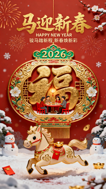 微缩艺术，马年新春海报，喜庆，融合传统新春元素与萌系Q版设计。前景为Q版奔跑姿态马形吉祥物，搭配红包、金元宝装饰；中心主体是巨大金色福字样式花灯造型（作为场景容器），中式纹样，福字内部嵌入微缩家庭聚餐预览效果