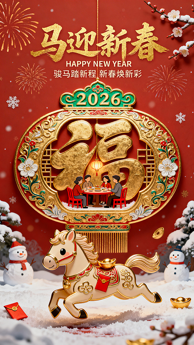 微缩艺术，马年新春海报，喜庆，融合传统新春元素与萌系Q版设计。前景为Q版奔跑姿态马形吉祥物，搭配红包、金元宝装饰；中心主体是巨大金色福字样式花灯造型（作为场景容器），中式纹样，福字内部嵌入微缩家庭聚餐场景（家人围坐红椅、餐桌，桌上有灯笼），福字带上“2026”吉翠色字与传统花纹；主色调为红色深夜背景（装饰烟花、雪景和雪人、梅花），搭配绿、金、白新春配色，整体色调柔和明快。醒目书法大字“马迎新春”（笔触灵动的金色书法体），书法字下方为英文“HAPPY NEW YEAR”+诗句“骏马踏新程 新春焕新彩”（简洁衬线字体）。