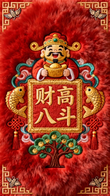 红色毛绒质感背景，采用繁复精美的彩色刺绣工艺，金色的方形绣框，框内绣有金色"财高八斗"四个大字。上方绣有滑稽的金色财神爷形象，双手捧着金元宝，两侧对称绣着金色鲤鱼和中国结，底部是招财树，四角装饰着传统预览效果