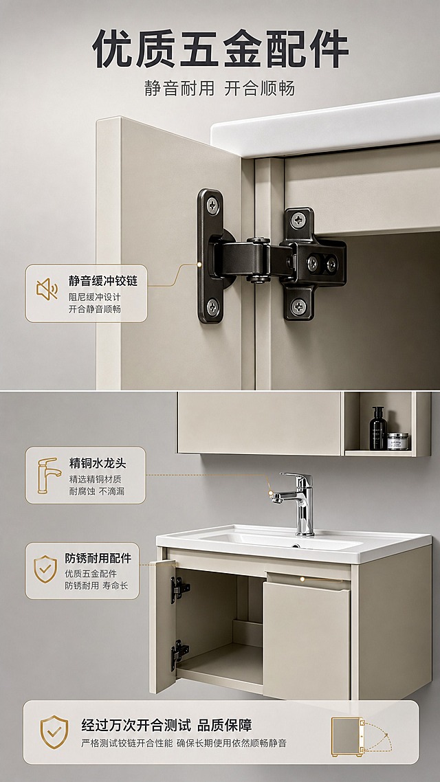 [商品] 使用【图3】铰链特写+【图1】整体五金细节；保留黑色缓冲铰链结构、安装螺丝、柜体板材厚度、米白色全铝材质；铰链开合结构清晰展示。
[画面] 目标：第8张五金配件页，展示优质五金配件的耐用性与使用体验。构图：上下分区，上半部分为铰链微距特写，下半部分为水龙头+柜体五金综合展示+文案。主体：上方铰链特写占画面上半部，展示阻尼缓冲结构；下方展示水龙头、拉手等五金细节。景别：微距+中景组合。背景：浅灰色渐变，突出金属五金质感。
[视觉] 套系策略：风格=现代轻奢简约商业摄影风；标题字=思源黑体粗体；正文字=思源黑体常规体；主色=高级灰+米白；背景延展=基于米白/浅灰做深浅层级、同色渐变；强调色=香槟金，仅用于小面积图标、引线、标签和局部光效；标题色=深炭灰；正文色=中暖灰；组件=圆角信息卡、细线引线、五金图标；光影=侧光突出金属质感与铰链结构，明暗对比适中。
[文字] 顶部主标题"优质五金配件"（6字），副标题"静音耐用 开合顺畅"（8字）。画面中用引线标注3处五金："静音缓冲铰链""精铜水龙头""防锈耐用配件"。底部加一行"经过万次开合测试 品质保障"（测试表述保守，不用极限词）。文字全部横排。
[规格] 图片比例9:16竖版，4K，负向提示：避免变形、错字、文字过小、五金生锈、结构失真、极限词、水印、冷蓝背景。