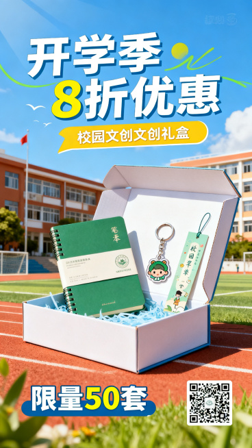 青春活力风格校园文创礼盒促销海报，画面中有礼盒包含笔记本、钥匙扣、书签产品元素，醒目标题文案"开学季8折优惠"，标注"限量50套"，右下角预留二维码占位区域，整体采用青春活力校园明亮色调，面向大学生设预览效果