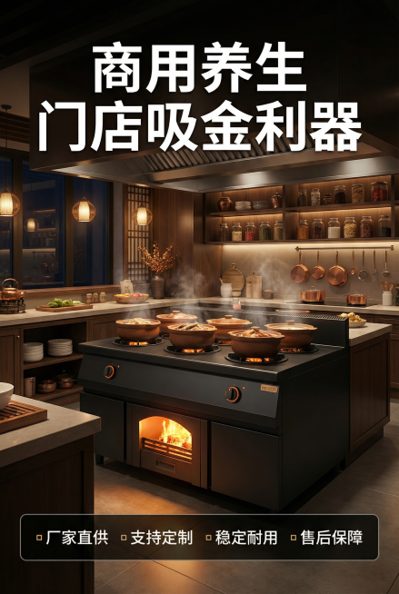 [主图 10] 门店场景使用展示
[氛围/风格]高端商业场景，温馨养生氛围感，真实自然
[画面元素]养生炖汤炉放置在中式养生餐厅门店明档区域，周围干净整洁，暖调店内灯光打在产品的壁炉和炖锅区域，营造温预览效果
