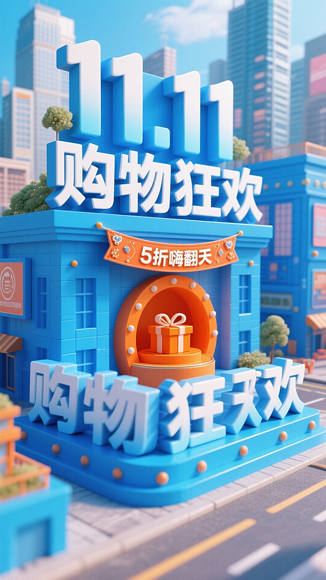 以蓝色为主色调，前景是立体字组成的醒目建筑， “11.11购物狂欢” 立体大字（白与浅蓝渐变，配装饰）及下方 “5 折嗨翻天” 横幅；中间有橙色圆形装置（内有礼物）；背景是繁华都市