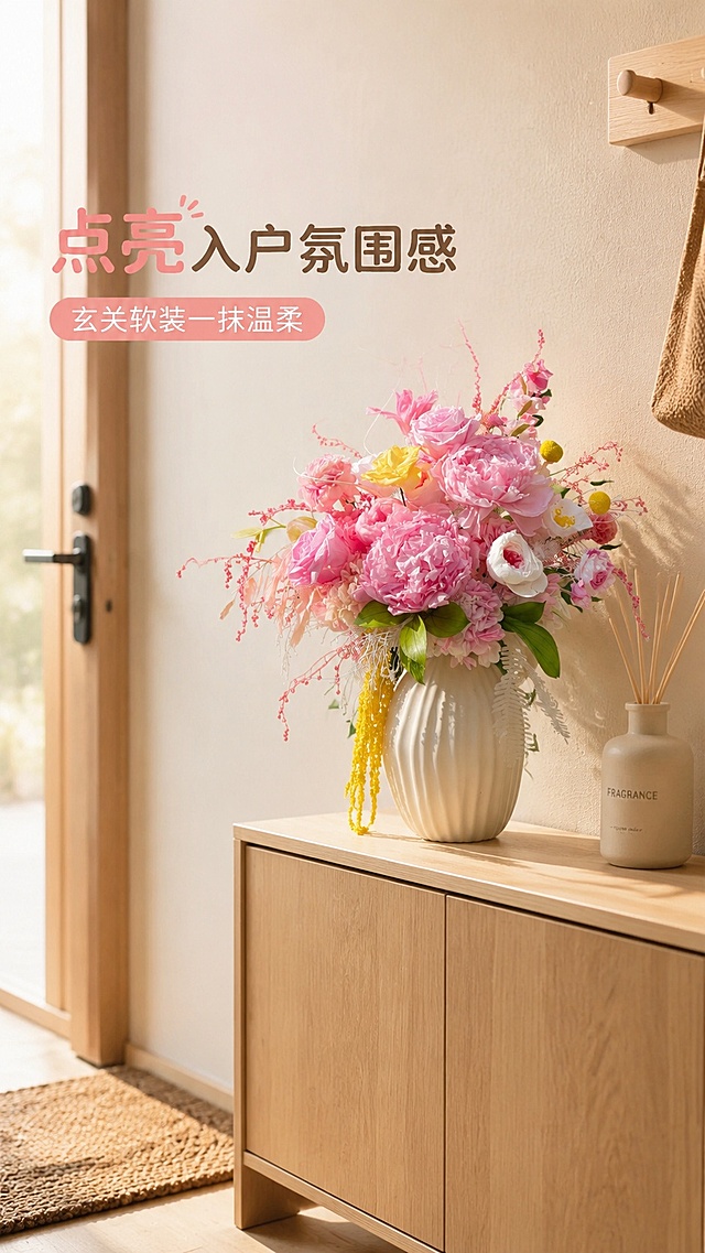 「图片1」，生成详情页，商品名称为粉色永生芍药家居摆件花，适配抖音/快手平台，单图比例为9:16，需求屏数为8张。