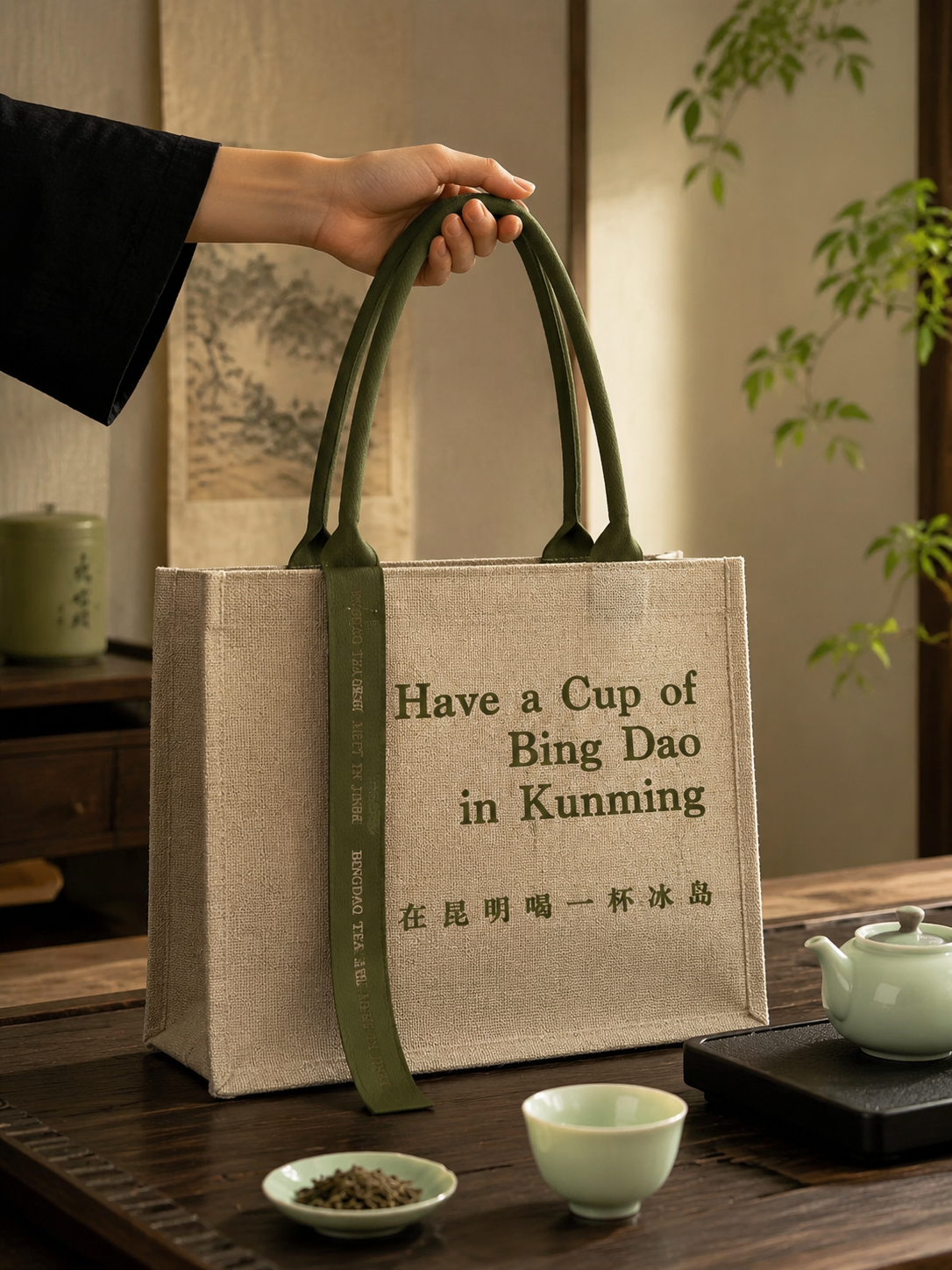 一只手提着参考图中的麻布托特包，包的款式、结构、尺寸、提手和侧… - 图片创意预览