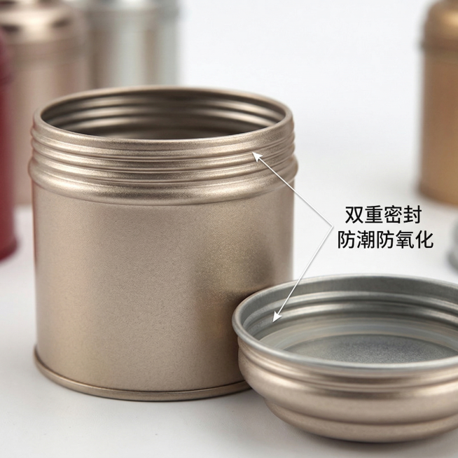 微距特写展示金属茶叶罐密封罐口和盖子内侧，突出螺纹密封设计细节，干净冷白背景，侧光凸显金属罐体磨砂细腻质感，引线标注“双重密封 防潮防氧化”文字，细节清晰质感突出预览效果