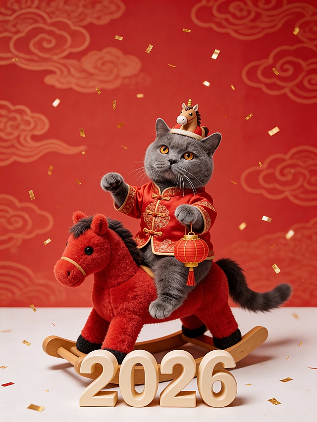 图中宠物穿上红色唐装服饰，带着迷你小马帽子，骑着毛绒红色摇摇马，手里还提着小巧的红灯笼，红色祥云暗纹背景；2026立体字在摇摇马前面，空中飘着细碎的金色彩带，整体跨年喜庆氛围，宠物和摇摇马的比例合理