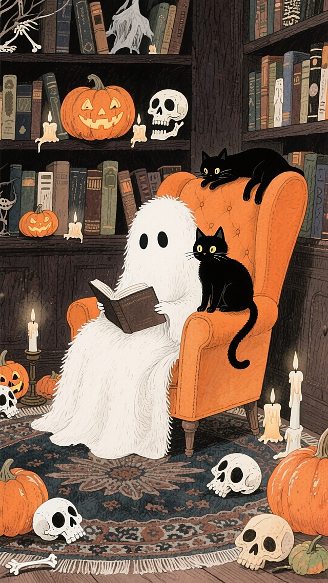 哥特风格与插画风融合，幽灵静读、黑猫相伴，南瓜烛光映衬神秘温馨的万圣夜故事场景。