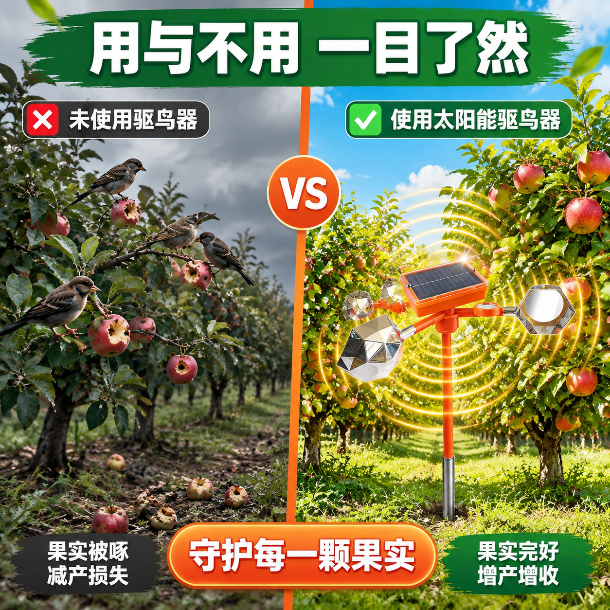 [主图-4] 太阳能语音驱鸟器使用场景对比图，核心任务是展示使… - 图片创意预览