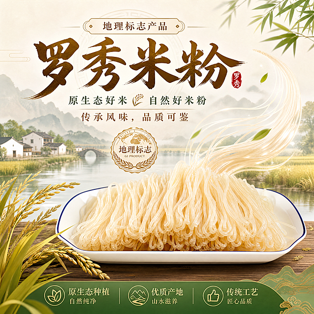 根据这张罗秀米粉图片设计海报，突出地理标志特色，排版美观大气，吸人眼球，展示罗秀米粉产品，添加突出主题的文案“罗秀米粉”，体现地理标志产品的原生态品质，设计为9:9的正方形尺寸