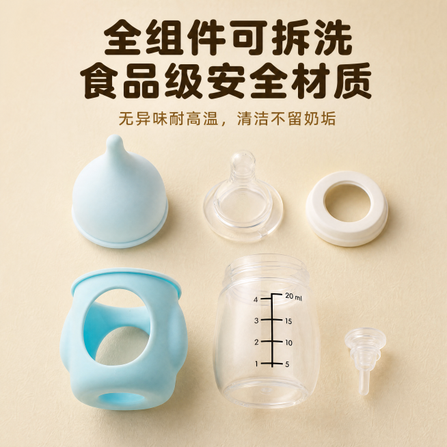 [主图-3] 全组件拆分冲洗实拍展示图
[氛围风格] 干净通透安全质感风
[画质] 商业摄影质感、光线柔和通透、产品清晰真实、画面干净高级
[元素] 宠物奶瓶全组件拆解分开摆放，展示奶嘴、瓶身、阀门、预览效果