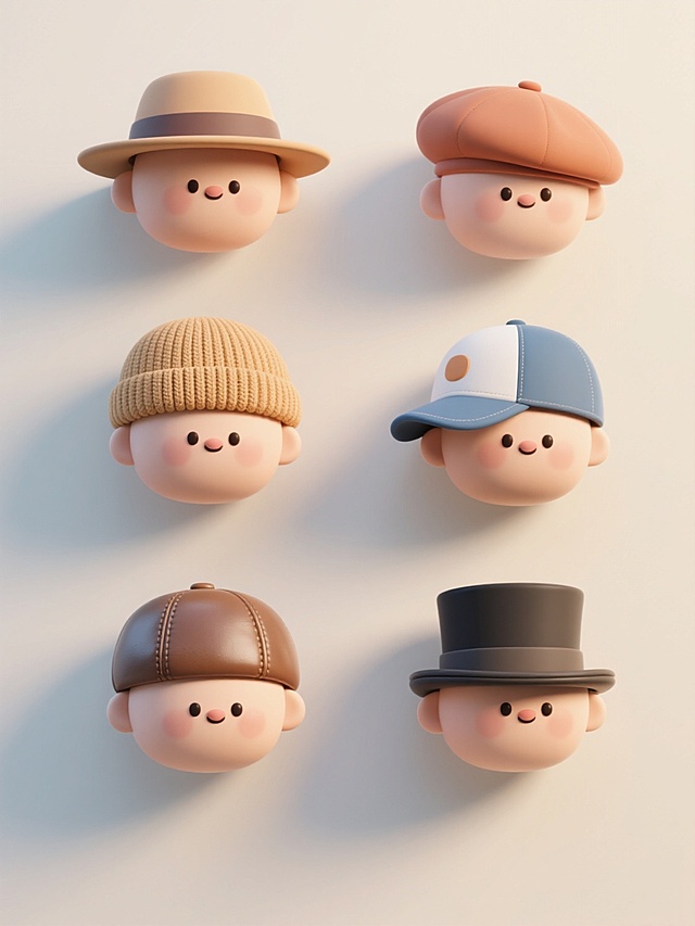 6个不同配色、不同样式、不同材质的3D卡通风格帽子造型，采用柔和明亮的浅色背景，上下两行整齐对齐排列，每个帽子都具有圆润可爱的造型、光滑细腻的表面质感、清晰柔和的光影过渡和微妙的阴影效果，整体呈现出简洁明快、童趣盎然的视觉氛围，色彩搭配和谐且富有区分度，样式包括宽檐帽、贝雷帽、棒球帽、针织帽、鸭舌帽、礼帽等多种类型，材质展现出布料、针织、皮质等不同质感。