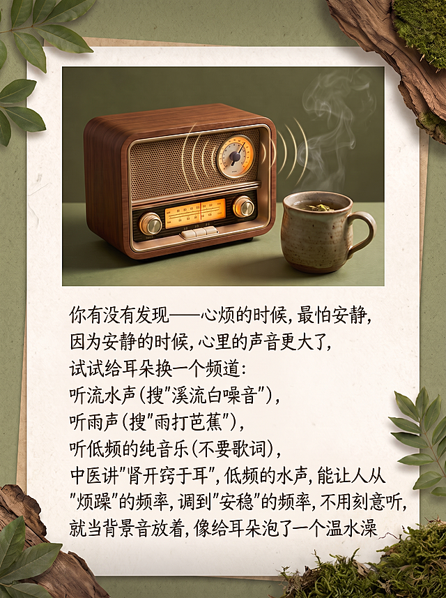 小红书图文笔记内页，一只老式收音机，旁边放着一杯茶，呈现正在播放的状态，保留完整文字：你有没有发现——心烦的时候，最怕安静，因为安静的时候，心里的声音更大了，试试给耳朵换一个频道：听流水声（搜"溪流白噪音"），听雨声（搜"雨打芭蕉"），听低频的纯音乐（不要歌词），中医讲"肾开窍于耳"，低频的水声，能让人从"烦躁"的频率，调到"安稳"的频率，不用刻意听，就当背景音放着，像给耳朵泡了一个温水澡，删除顶部小红书标识、底部小红书@和互动图标，字体颜色和字体和前几页保持一致，整体色调绿色系加暖光，自然大地感，和封面、前内页风格统一