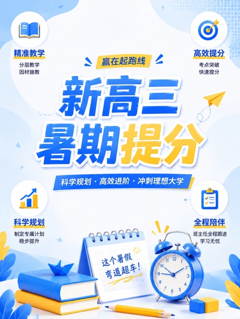 参考图片的蓝黄清新教育配色和风格，制作新高三暑期提分招生海报，采用居中主标题，卖点分散放在四个角落，中心留白，布局和参考图不同，文案疏密适中，不密集，3:4比例，蓝黄配色，画面高清清晰，突出文案，版式预览效果