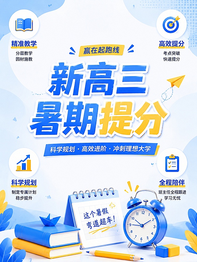 参考图片的蓝黄清新教育配色和风格，制作新高三暑期提分招生海报，采用居中主标题，卖点分散放在四个角落，中心留白，布局和参考图不同，文案疏密适中，不密集，3:4比例，蓝黄配色，画面高清清晰，突出文案，版式精美