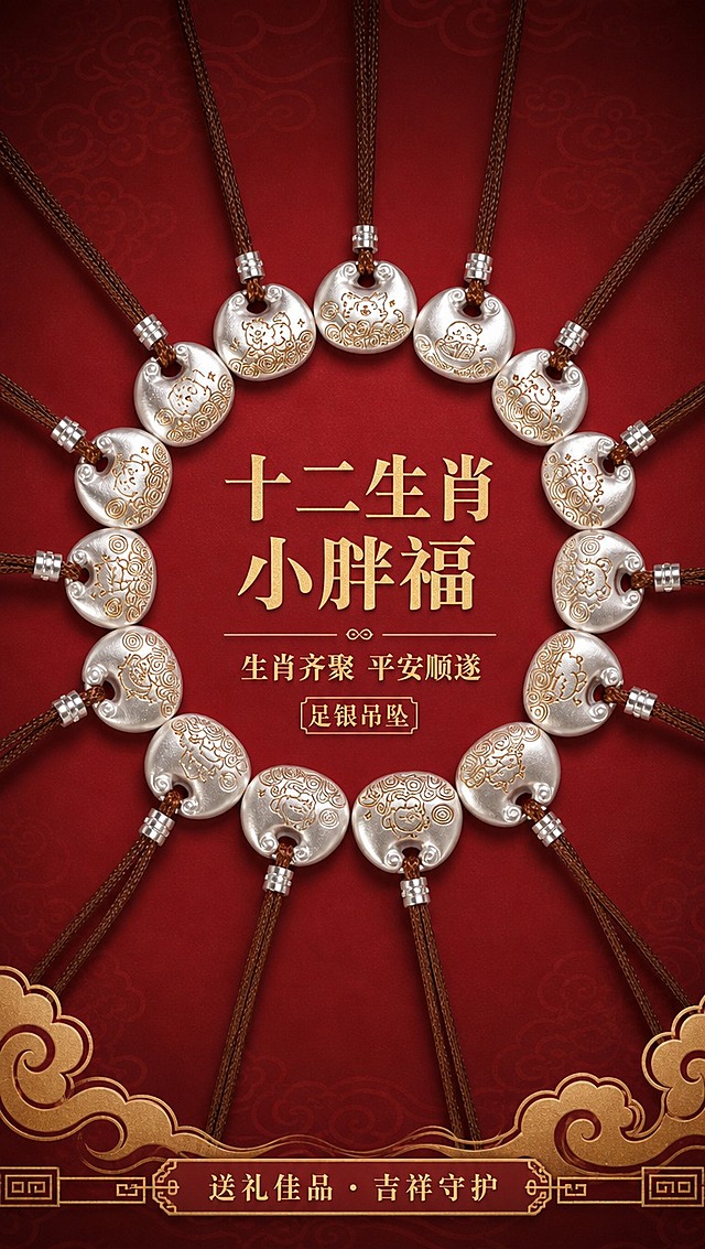 [商品] 使用【图5】十二生肖小胖福足银吊坠全家福环形排列图；保留每枚胖福锁的圆润造型、银色磨砂质感、棕色皮绳、银色调节扣，以及各款不同的生肖金色纹样；商品处理：增强银质磨砂光泽与金属质感，让每枚吊坠的金色纹样更清晰立体，皮绳纹理自然，整体排列保持环形对称。
[画面] 目标：氛围头图，突出十二生肖齐聚的系列感与礼赠价值。构图：居中对称环形排列，吊坠围成一圈形成视觉焦点，中心留白放主标题。主体占比：吊坠群占画面60%。景别：中景俯拍。前中后景：前景底部有淡金色祥云纹样装饰条，中景为环形吊坠群，后景为酒红色渐变背景带细微暗纹。阅读动线：从中心标题向四周吊坠扩散。
[视觉] 套系策略：风格=新中式国风高级珠宝商业摄影；标题字=国风书法宋体粗体；正文字=现代简洁宋体；主色=酒红色 RGB(153,44,60)；背景延展=基于酒红色做深浅渐变、暗纹祥云肌理、边缘暗角加深；强调色=烫金色，仅用于标题、纹样、图标、引线和装饰线条；标题色=烫金色；正文色=米白色；组件=圆角金边信息卡、祥云纹样、传统回纹装饰条；光影=顶部柔光均匀打亮，吊坠下方有柔和投影，金属部分有细腻高光。
[文字] 画面中心主标题「十二生肖小胖福」，下方副标题「生肖齐聚 平安顺遂」，再下方小印章样式文字「足银吊坠」。底部装饰条处有小字「送礼佳品 · 吉祥守护」。所有文字横排，不遮挡吊坠主体。
[规格] 图片比例9:16竖版，4K分辨率，负向提示：避免变形、错字、文字过小、吊坠造型失真、颜色偏差、冷蓝调、现代感过强、卡通化、模糊不清。