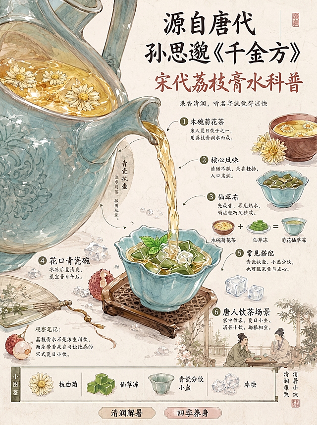 宋代荔枝膏水科普国风信息海报，主标题为「源自唐代孙思邈《千金方》」；主视觉区域左侧绘制一把装满菊花茶青釉刻花唐代执壶，液面上漂浮着几瓣杭白菊花瓣，正在向放置在木质托盘上的花口青瓷碗倾倒，花口青瓷碗里装着仙草冻，旁边点缀新鲜带枝叶、透明冰块和手绘装饰古扇；右侧有一碗装满菊花茶的木碗加一碗仙草冻等于一碗菊花仙草冻的公式，右下角绘制两个唐人对坐饮茶的唐代生活场景小插画；最底部做核心元素小图鉴，依次展示杭白菊、仙草冻、青瓷分饮小盏、冰块，并配有文字说明，最下方添加「清润解暑」「四季养身」关键词标签，整体为唐代夏日饮品科普国风图文信息图。背景为做旧米黄色宣纸质感，整体营造唐代雅致文人夏日消暑的古典氛围，围绕唐代夏日饮子主题，图文结合呈现传统唐代饮品文化知识。采用国风淡彩水彩手绘风格，雅致国风信息排版设计，水彩笔触温润柔和，细节细腻写实，参考唐代古籍版式设计，图文层次清晰舒适，传统手绘质感结合现代信息排版，整体充满唐式雅致美学氛围。整体以低饱和度米黄色宣纸作为底色，主色调为柔和青绿色对应唐代青瓷，仙草冻搭配杭白菊花瓣与新鲜枝叶，仙草冻呈现温润红棕色，菊花茶呈现浅亮黄色，整体色彩低饱和柔和，古朴雅致，红绿色彩平衡舒适，清新消暑氛围感拉满，完全契合唐画审美调性。主视觉执壶倒水插画放置在左侧占据大面积视觉重心，科普内容分点排列在右侧区域，底部排布核心元素小图鉴与关键词标签，层次分明，信息层级清晰，图文搭配均衡舒适，视觉引导流畅自然。主视觉执壶倒水采用平视静物水彩插画视角，整体内容为平面信息排版视角，完整呈现所有科普图文内容。水彩笔触自然温润，唐代青瓷刻花纹理、冰裂质感刻画细腻，杭白菊饱满新鲜，倾倒水流灵动自然，还原古宣纸纹理质感，板块分割清晰雅致，文字排版工整舒适，右下角唐人饮茶场景细节生动，整体细节丰富，氛围古朴雅致，完美契合唐代传统夏日饮品科普的主题调性。参考产品为惠尔康蜂蜜菊花茶[https://gdesign-dam-hz.dancf.com/36493972837092421/e61bcc50cdd84ea4b867fd4d857cb7dc.jpg]和惠尔康优の冻仙草冻[https://gdesign-dam-hz.dancf.com/36493972422240377/68afa5ec52284865b0dcd8ce642d7d93.png]，参考风格为[https://gdesign-dam-hz.dancf.com/36494011315890305/3c52ea609b564a0c9be637f6acf8a773.png]
