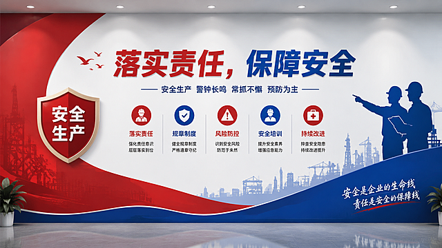 政务感与工业风融合，扁平化双色设计，剪影人物凸显安全主题，简约主义布局强化信息传达，印刷风质感提升专业度。