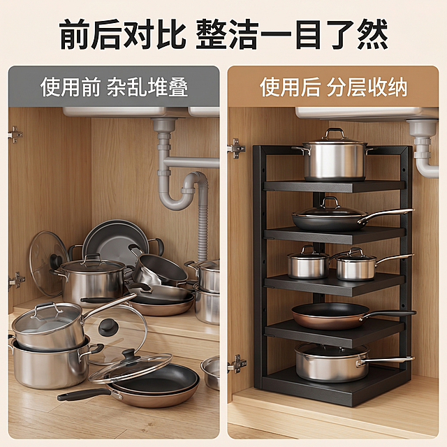 [对比主图] 水槽下使用锅具置物架前后对比图。
[氛围风格] 温馨舒适简单实用，真实直观对比
[画质] 商业摄影质感、光线柔和通透、产品清晰真实、画面干净高级
[元素] 画面左右分栏对比：左栏为使用前，展示水槽下橱柜内锅具随意堆叠、杂乱无章，拿取不便的场景；右栏为使用后，放置本产品黑色碳钢五层锅具置物架，分层整齐摆放锅具，整洁有序，产品结构必须严格和输入参考图一致，保持产品外观即物理结构、材质质感、颜色与输入产品图完全一致，杜绝任何结构变形和色差。整体背景都是相同的浅木色厨房橱柜环境，对比清晰。商品主体（使用后产品）占比约45%，整体满屏无边框
[光影] 左右两侧光影一致，均匀明亮自然，没有明暗差影响对比效果
[配色] 整体保持温馨自然厨房色调，左右环境一致，对比清晰
[视角构图] 左右对比构图，两侧都是相同平视角度，景深一致
[文字版式] 顶部居中主标题「前后对比 整洁一目了然」大号粗体，左栏左上角标注「使用前 杂乱堆叠」，右栏右上角标注「使用后 分层收纳」，文字清晰，不遮挡核心对比区域
[比例分辨率] 1:1比例，2k分辨率，文字清晰可辨，超高清
[负向提示词] 变形，改变产品结构，水印，文字错乱，背景杂乱，左右光影不一致