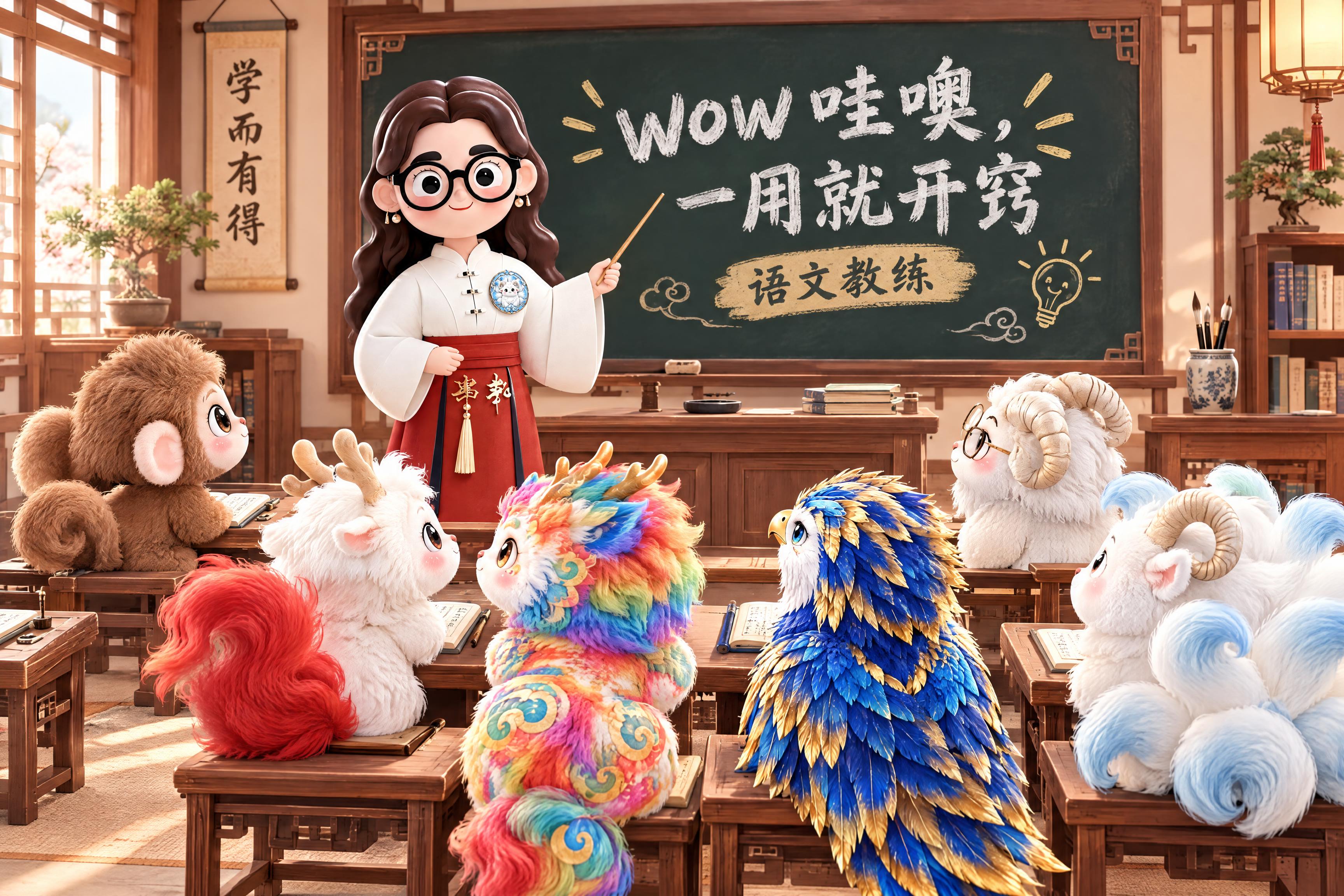 中国古代教室场景，这位戴黑框眼镜、穿白上衣红裙子汉服的女老师站… - 图片创意预览