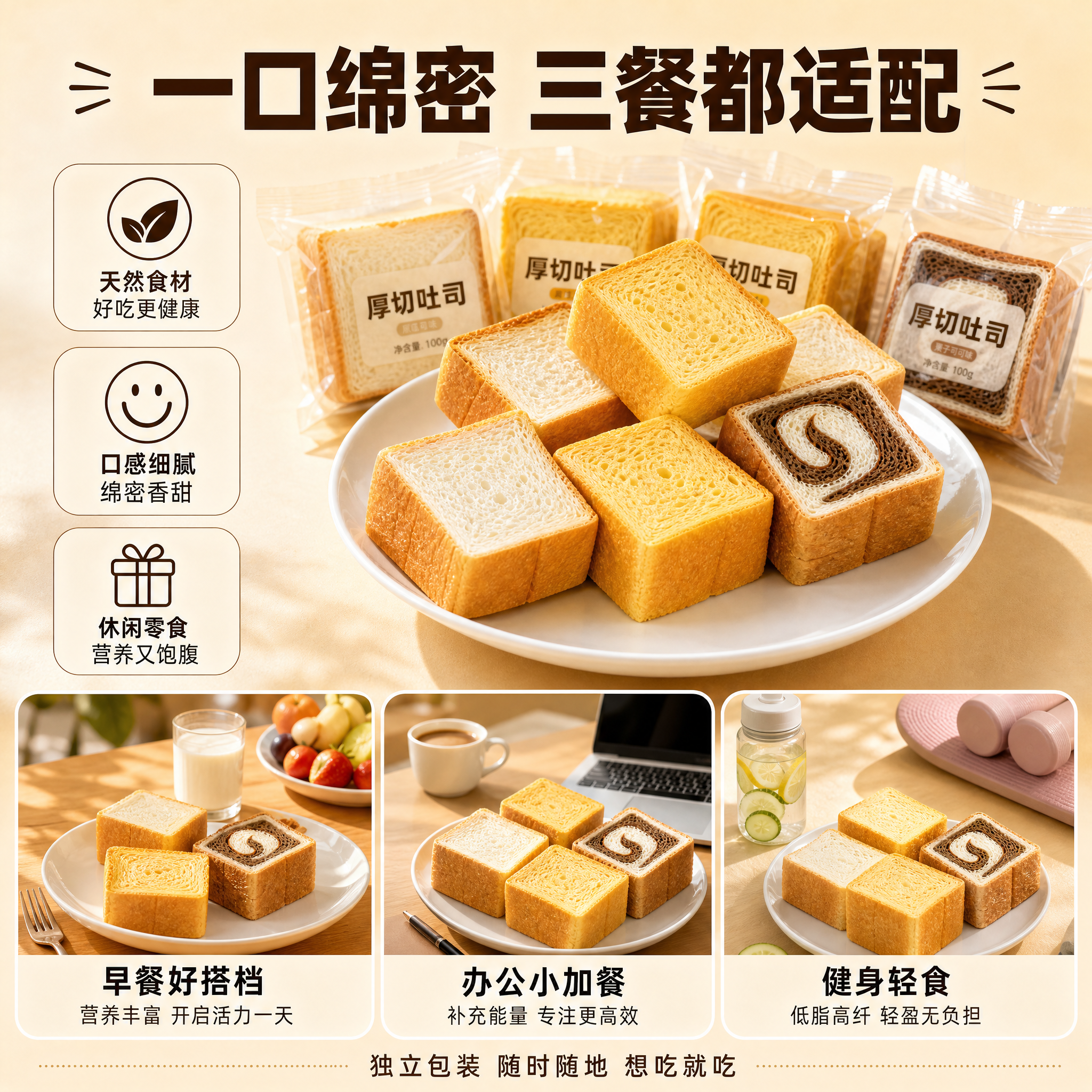 [主图-6] 三口味吐司多场景适配图，突出一口绵密三餐都适配的… - 图片创意预览