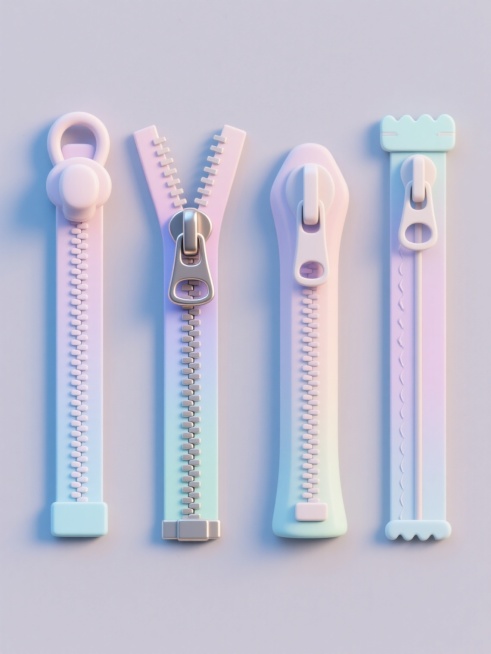 纯色背景上，四个软3D风格拉链图标规整排布成系列素材集合。从左到右分别是：书包拉链（呈现垂直闭合状态，拉头有圆润的塑料质感，齿状结构排列整齐）、裤子拉链（呈Y字形半开状态，金属拉片细节清晰，拉链齿边缘有细微高光）、外套拉链（垂直全闭合状态，拉头较大且有明显的凹槽设计，拉链带边缘有缝线纹理）、床帘拉链（细长垂直闭合状态，拉头小巧精致，整体线条流畅柔和）。整体采用统一的软3D渲染风格，表面有细腻的……预览效果