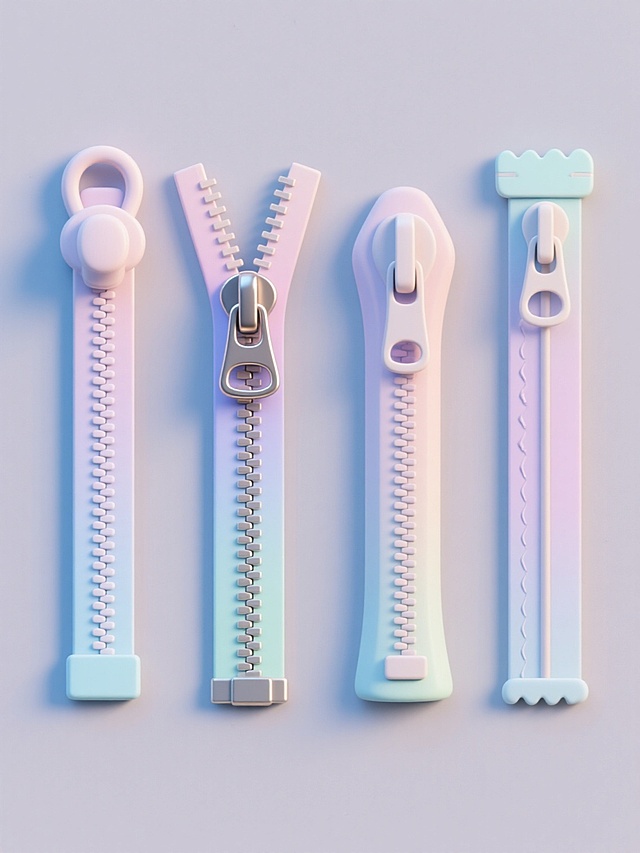 纯色背景上，四个软3D风格拉链图标规整排布成系列素材集合。从左到右分别是：书包拉链（呈现垂直闭合状态，拉头有圆润的塑料质感，齿状结构排列整齐）、裤子拉链（呈Y字形半开状态，金属拉片细节清晰，拉链齿边缘有细微高光）、外套拉链（垂直全闭合状态，拉头较大且有明显的凹槽设计，拉链带边缘有缝线纹理）、床帘拉链（细长垂直闭合状态，拉头小巧精致，整体线条流畅柔和）。整体采用统一的软3D渲染风格，表面有细腻的渐变色彩过渡，光影柔和，阴影自然，每个拉链图标保持相同的视觉重量和设计语言，色彩上整体变换为清新明快的马卡龙色系，使整个系列既统一又各具特色。