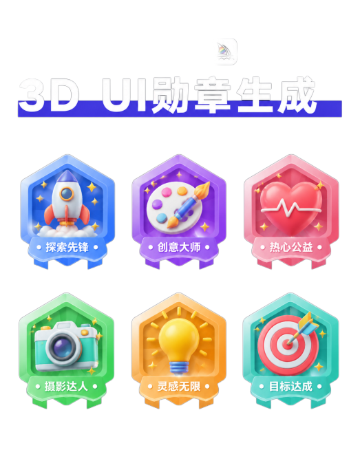 参考原图的3D立体卡通风格，重新生成一组UI勋章设计，包含6个六边形彩色勋章，每个勋章带有3D图标和中文名称，整体标题为MIDJOURNEY 3D UI勋章生成，保持深色背景，设计风格和原图一致预览效果