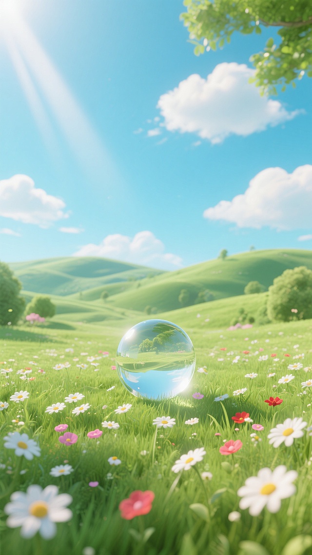 3D渲染风格的自然风景插画，画面以明亮通透的蓝绿色调为主，阳光从左上角斜射下来，在草地上形成柔和的光影效果，远处是连绵起伏的绿色丘陵，近处是一片长满了白色雏菊和粉色、红色小花的草地，草地上有一个透明的玻璃球，球体倒映着周围的景物，天空中飘着几朵白色的云彩，整体氛围清新自然、宁静美好，充满了春天的气息。